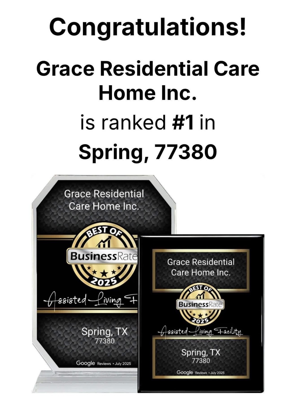 Best of Business 2025 award, ranked number 1 assisted living in Spring TX 77380