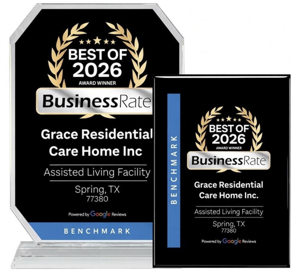 BusinessRate Best of 2026 award plaques for Grace Residential Care Home Inc., ranked number 1 assisted living in Spring TX 77380