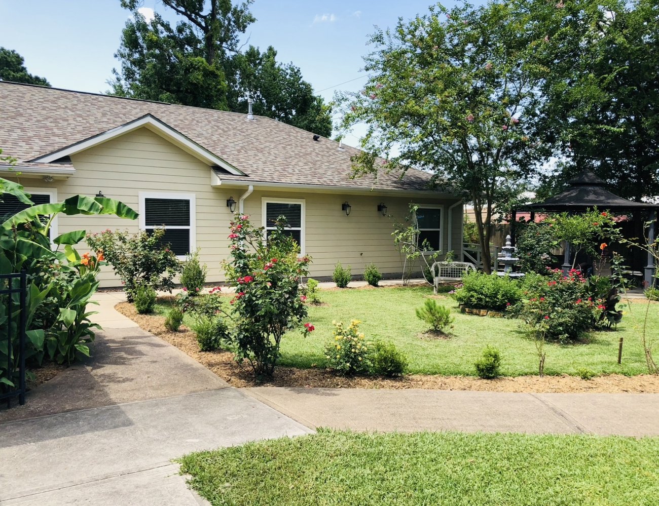 Backyard garden with roses and walking path